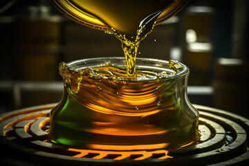 The moment olive oil is poured into a glass bowl set against a wooden background, generative ai