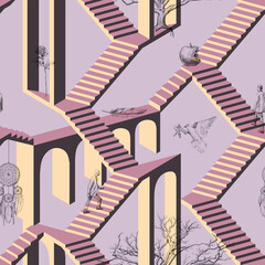 Seamless pattern isometry stairs arches surrealism mystical symbols