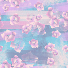 Seamless Background Brushstroke Effect Oil Painting Dry Brush Hydrangea Flowers Lilac Blue Beige