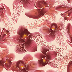 Seamless pattern of burgundy orchids with decay effect