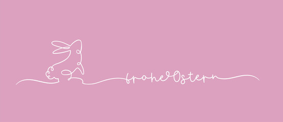 Fun rabbit one line drawing with text in German "Happy Easter", cute Easter design for banners, cards, wallpapers