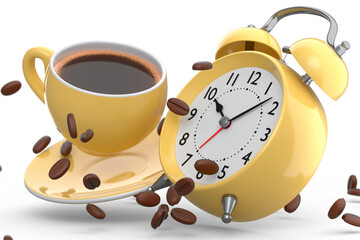 Vintage alarm clock with ceramic coffee cup on white background.