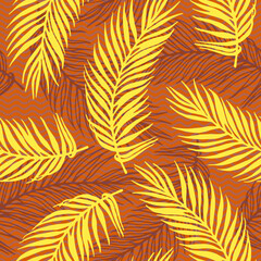 Endless exotic palm leaves vector pattern. Botanical elements over waves