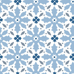 Portuguese azulejo floral ornamental tile. Hand drawn pale blue Moroccan seamless pattern for Ramadan greeting cards. Islamic background, fabric, arabic web banner. Decorative vector illustration.