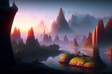 Fantasy sunset in the mountains and lake AI background illustration