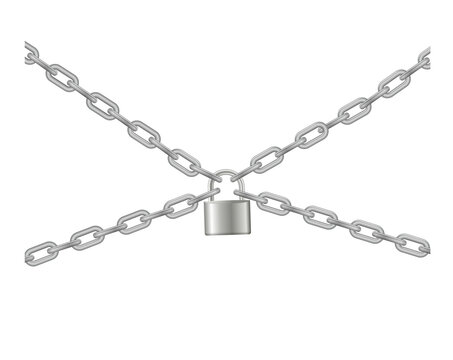 Padlock and chain. Gray metal chain and padlock, handcuffed card, vector