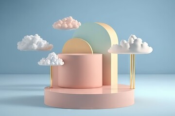 Podium stand for product beauty, cloud natural pastel sky and pink color (AI Generated)