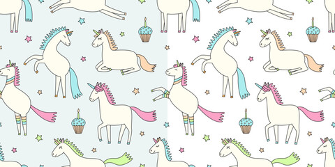 Two vector seamless patterns with unicorns, stars and birthday cakes. Hand drawn color doodle illustration. Great for wrapping paper...