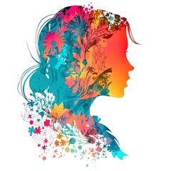 Fototapeta na wymiar abstract girl silhouette profile composed of floral elements isolated on white background, generative ai