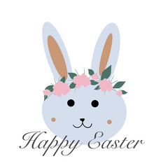 Happy Easter! Background with a cute Easter bunny and flowers.Delicate pink background with a bunny for Easter