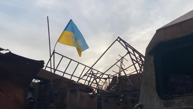 Ukrainian War Ukraine Flag amid Destruction Devastation Piece Talks Rebuilding Renew Violence Invasion Resistance Concept