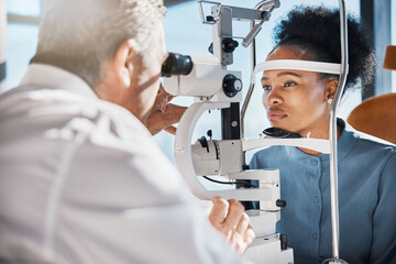 Help, eye exam or black woman consulting doctor for eyesight at optometrist or ophthalmologist....