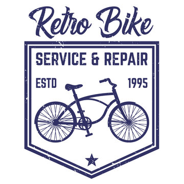Retro bike service and repair, vintage logo, emblem with old bicycle