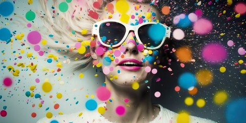 Music DJ at crazy summer party, pastel abstract concept, playing dance music. A pastel futuristic party with confetti. Fun youthful atmosphere in the club. Generative AI.