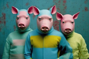 Funny, abstract gang group of modern little pig gangsters. A street concept ruled by animals. Generative AI.