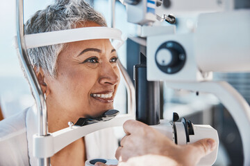 Face, eye exam or happy woman in test or consulting doctor for eyesight assessment at optometrist...