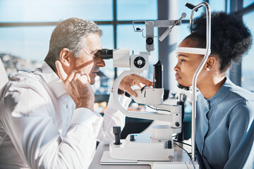 Eye doctor, machine or black woman consulting for help with eyesight with slit lamp at optometrist. Optician talking or asking customer questions with fingers to check vision, iris or retina health