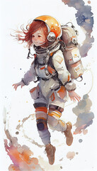 Innovative Education Concept: Young Girl in Astronaut Suit Explores Watercolor Universe Beyond Earth in Classroom. Women's empowerment. Generative AI