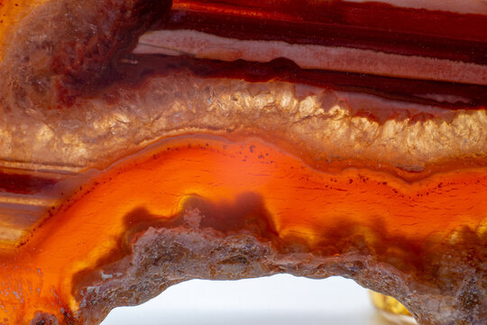 White, dark and light orange and red semi-transparent agate slice crystal, banded chalcedony stone isolated on a white background surface with detail. Abstract crystal image with lots of copy space