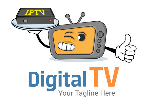 Smiling cartoon TV or computer monitor with happy face holding TV set-top iptv box. Digital TV logo Template. TV company. Creative media television logotype.