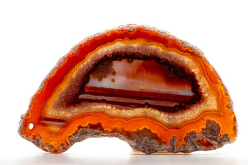 White, dark and light orange and red semi-transparent agate slice crystal, banded chalcedony stone...