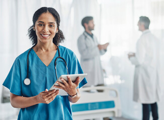 Healthcare, tablet and portrait of black woman nurse or doctor in hospital for support, success and help. Health, wellness and medicine, confident medical worker with smile, stethoscope and doctors. - obrazy, fototapety, plakaty