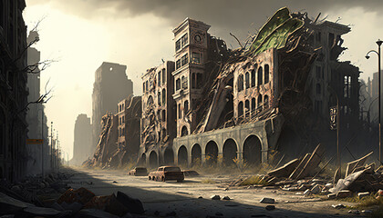 Ruined Cityscape, war, concept art illustration 