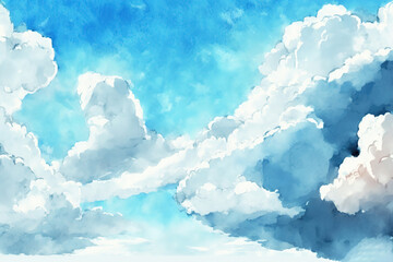 Watercolor illustration of blue sky and clouds, art illustration 