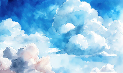 Watercolor illustration of blue sky and clouds, art illustration 