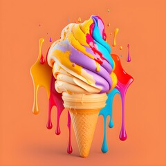 Colourful ice cream with splashes of paint against a colourful background, generative AI