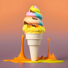 Colourful ice cream with splashes of paint against a colourful background, generative AI