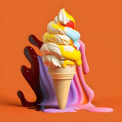 Colourful ice cream with splashes of paint against a colourful background, generative AI