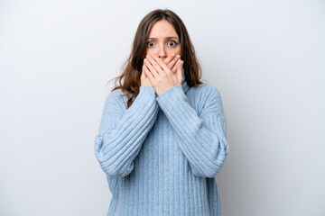 Young caucasian woman isolated on white background covering mouth with hands