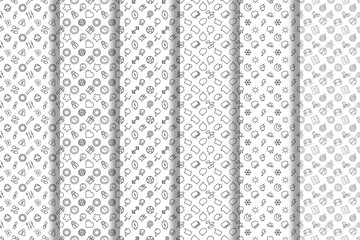 Collection of repeating seamless patterns of repair, symbols, sport, speech bubbles, weather, programming for printing on various surfaces such as postcards, placards, fabric, papers, dishes etc