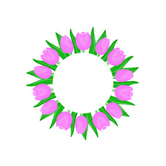 A round frame of delicate pink tulips. Template for greeting card, invitation card with space for text