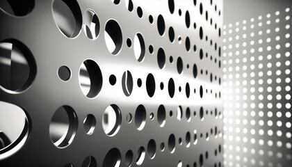 Perforated metal steel wall background with light reflections. Generative AI. - 574972154