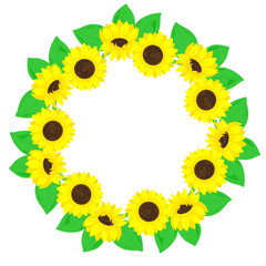 Wreath of sunflowers. Round floral frame with space for text. Template for greeting card, invitation card with sunflowers