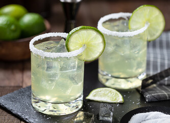 Margarita cocktail with ice, lime and salt riim - 574972344