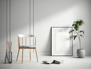 Minimalist Scandinavian Interior Design with Small Blank Poster Mockup - Created with Generative AI