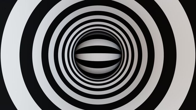 Black and white rotating ball in hypnotic tunnel of circles loop animation