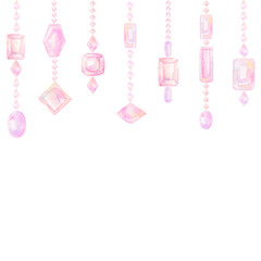 桜色のネックレスが並ぶ正方形フレーム。水彩絵の具で描いたイラスト。