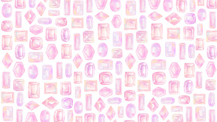 Obraz premium ピンク色の宝石が並ぶイラスト。水彩絵の具で描いたイラスト。