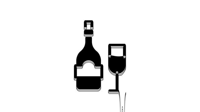 Black Champagne bottle with glass icon isolated on white background. 4K Video motion graphic animation