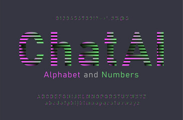 Abstract modern digital font and alphabet with neon stripes. AI technology. Vector lphabet letters, signs, symbols and numbers