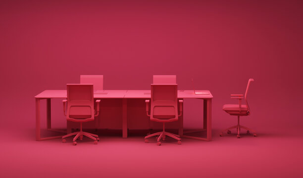 Viva magenta is a trend colour year 2023 in the office. Business teamwork concept. Employee working on computer. There are desktops on the tables.Creative interior design. 3d render	