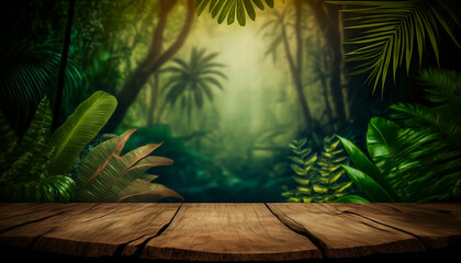 Bright colorful tropical background with empty wooden table for your text or products. AI