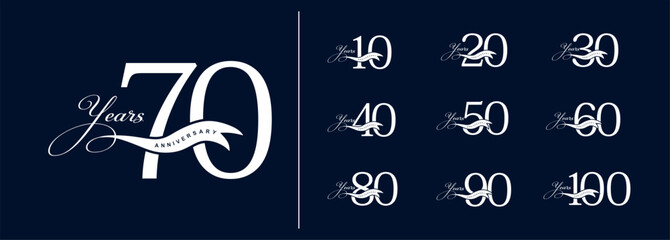 Set of anniversary logo in silver color isolated. Anniversary symbols collection with different years set for celebration. Vector illustration on blue background