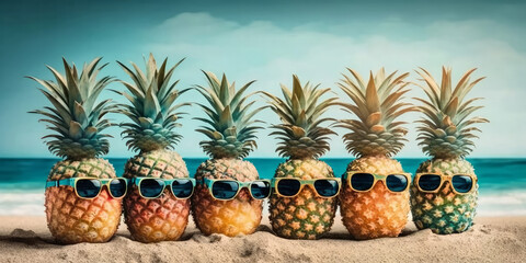 Cool summer pineapple wearing sunglasses on a tropical beach holiday. Generative ai