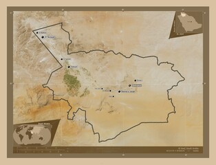 Al Jawf, Saudi Arabia. Low-res satellite. Labelled points of cities.