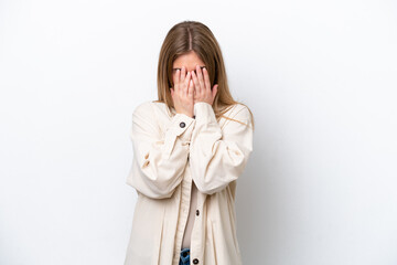 Young caucasian woman isolated on white bakcground with tired and sick expression